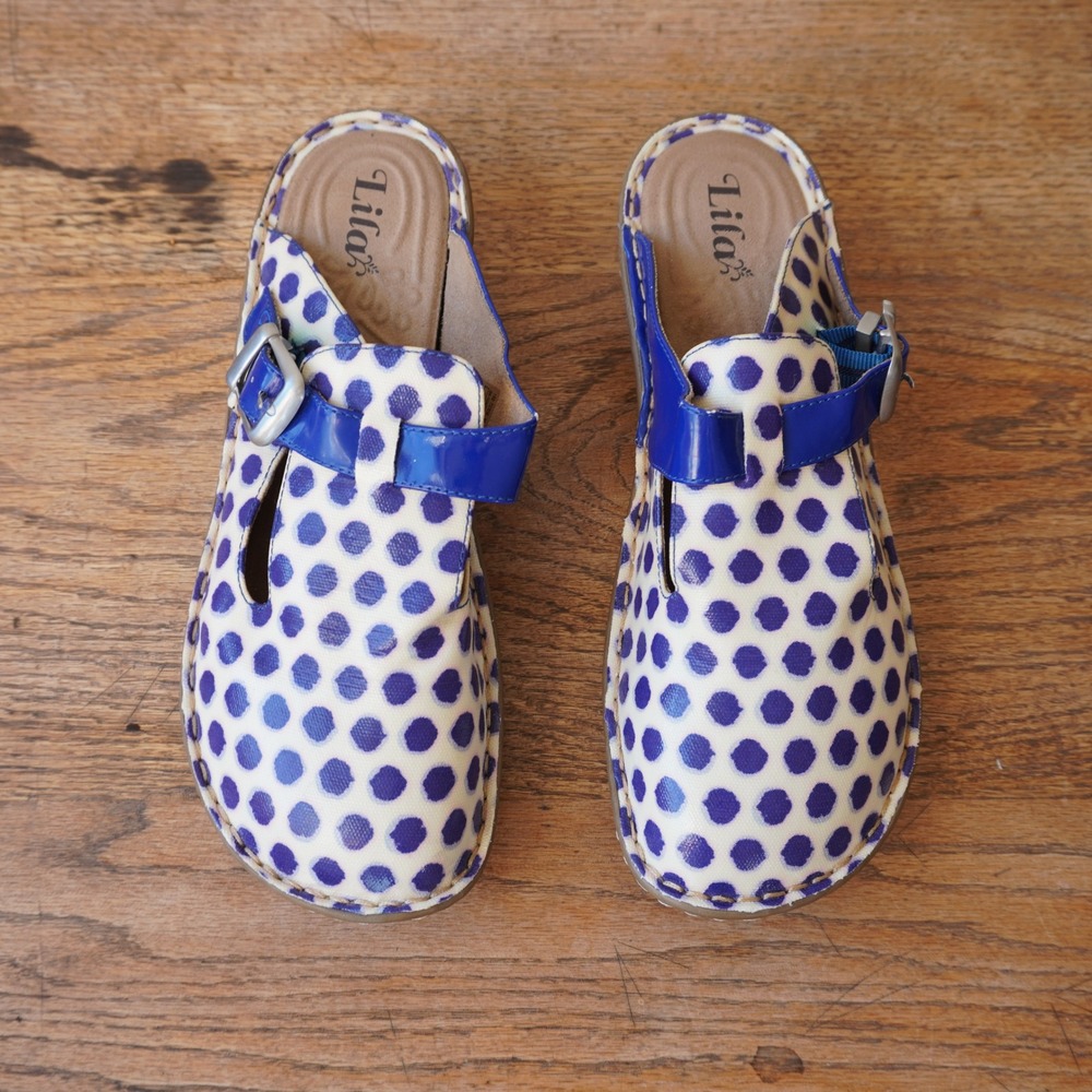 Lila Women's Size 9.5 Purple Polka Dot Clogs Mules Comfort Slip Resistant Quirky